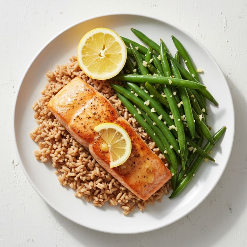 Seared Salmon with Garlic Green Beans and Brown Rice