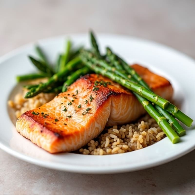 Seared Salmon with Steamed Asparagus and Brown Rice