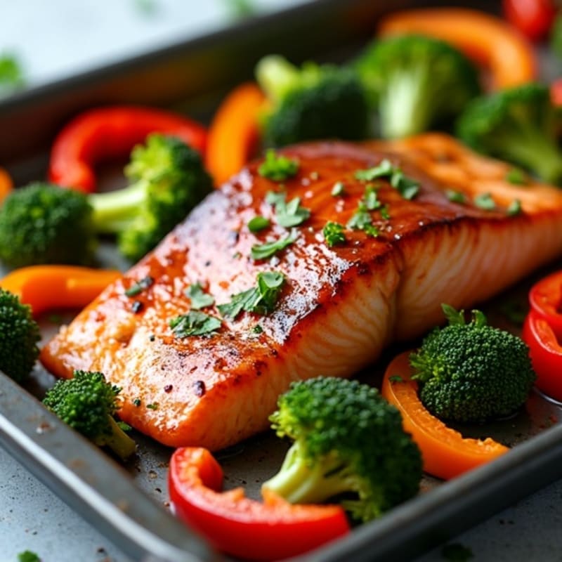 Sheet Pan Teriyaki Salmon with Roasted Broccoli and Bell Peppers