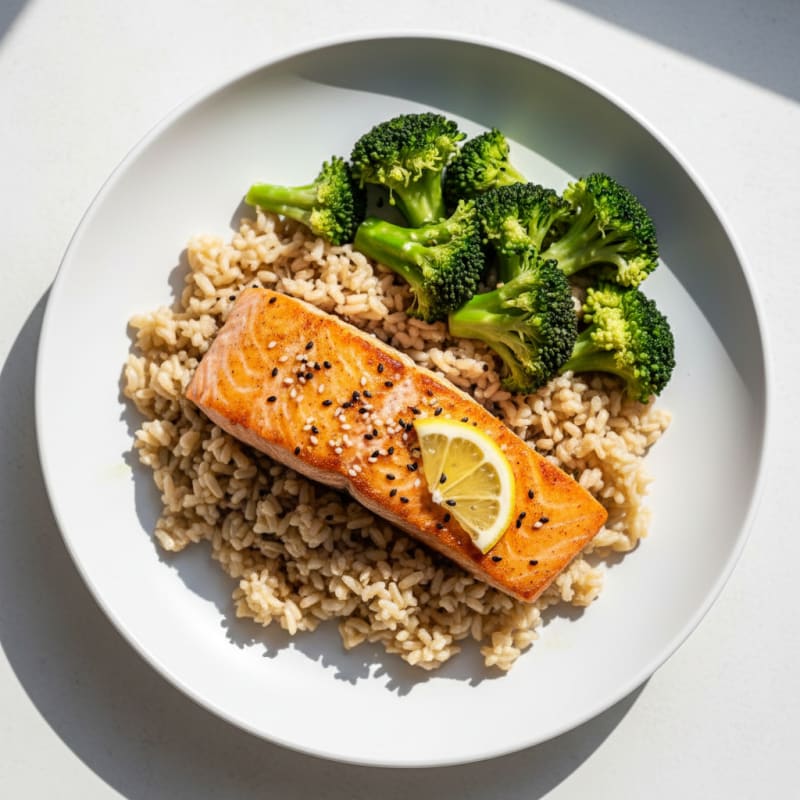 Seared Salmon with Steamed Broccoli and Brown Rice