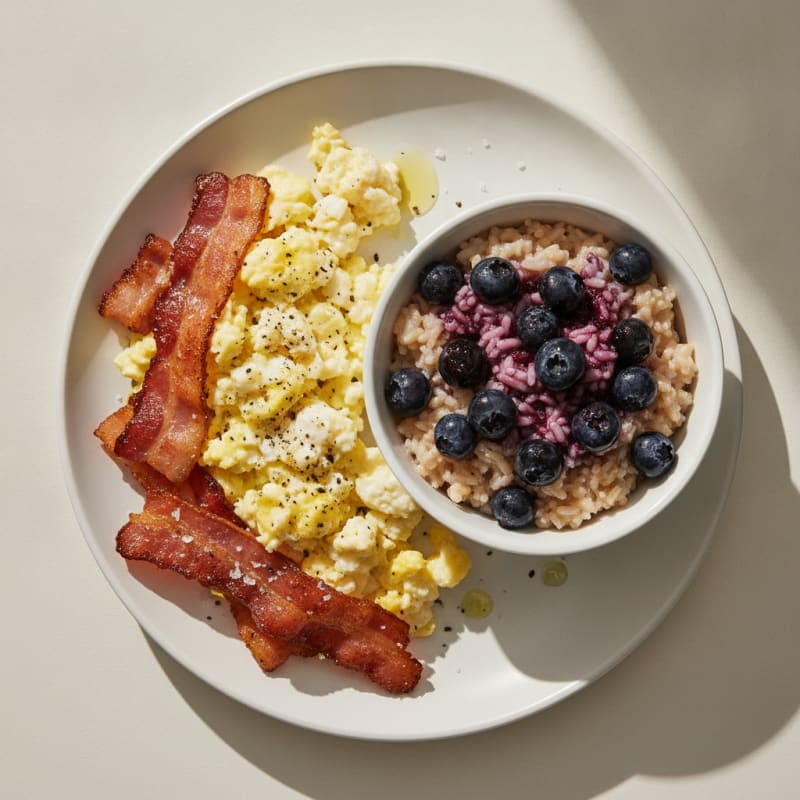 Turkey Bacon & Egg White Scramble with Blueberries