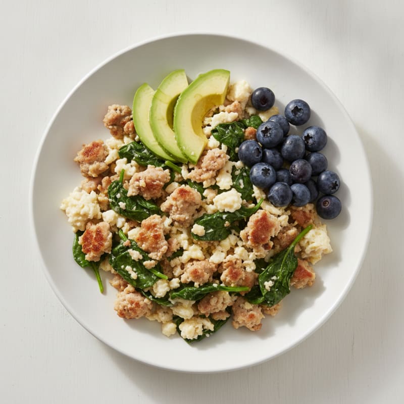 Egg White Scramble with Turkey Sausage and Sautéed Spinach