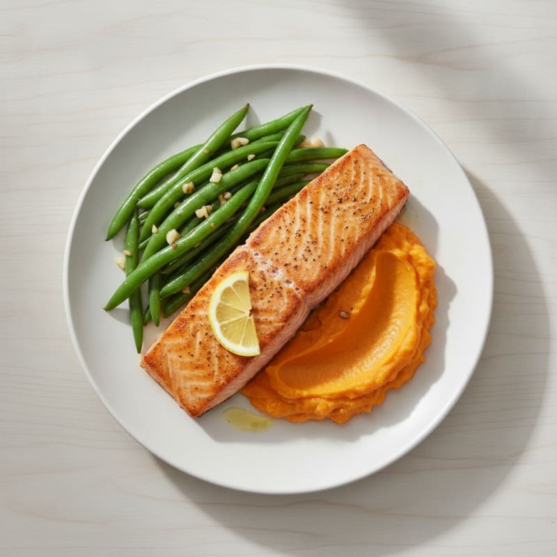 Seared Salmon Fillet with Garlic Green Beans and Sweet Potato Mash