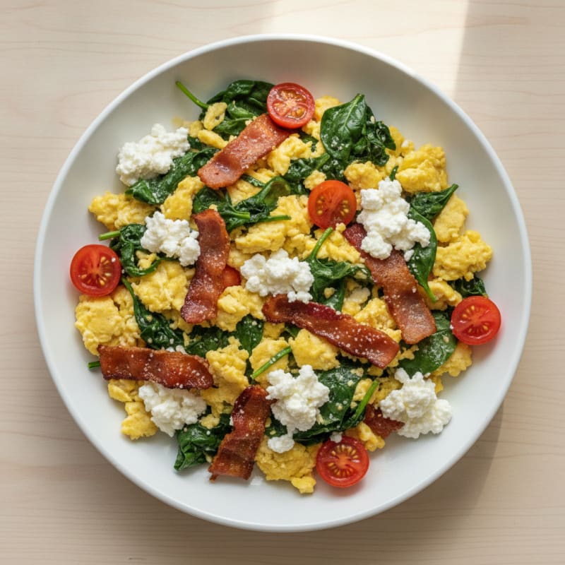 Cottage Cheese Scramble with Spinach and Turkey Bacon