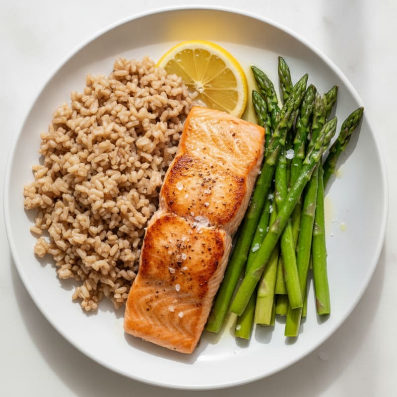 Seared Salmon Fillet with Brown Rice and Steamed Asparagus