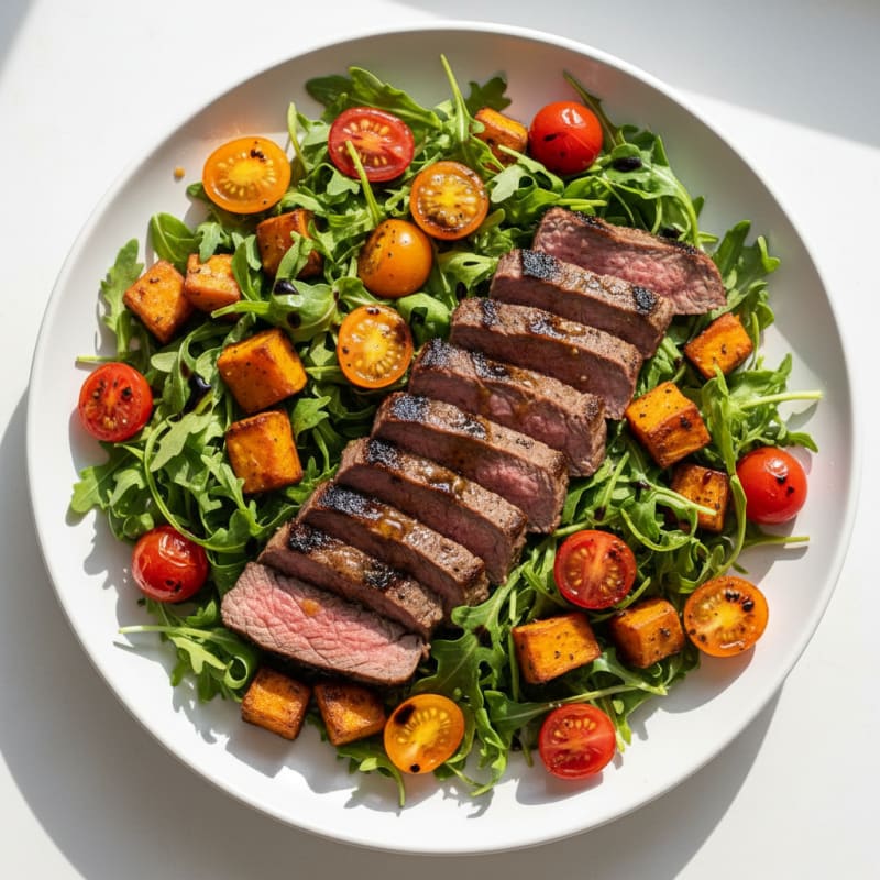 Grilled Steak Salad with Roasted Sweet Potatoes and Cherry Tomatoes