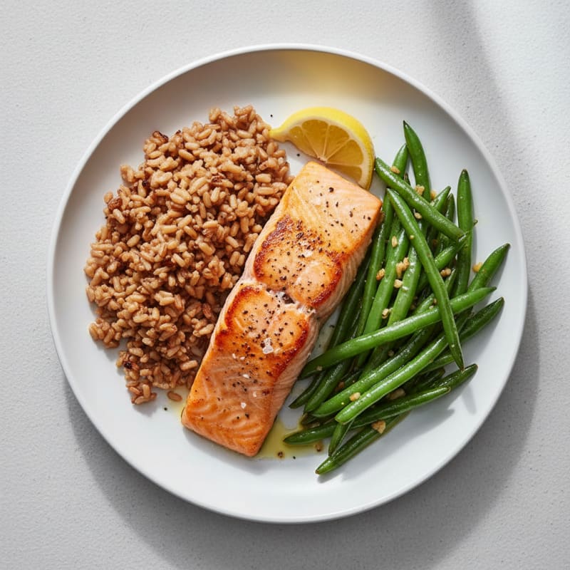 Seared Salmon Fillet with Garlic Green Beans and Brown Rice