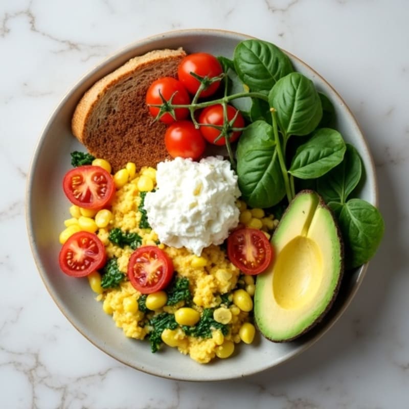 Egg White Spinach Scramble with Cottage Cheese and Cherry Tomatoes