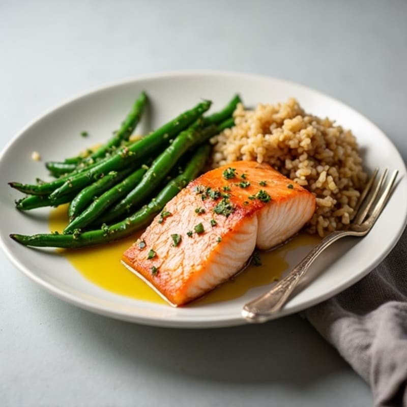 Seared Salmon with Garlic Green Beans and Brown Rice