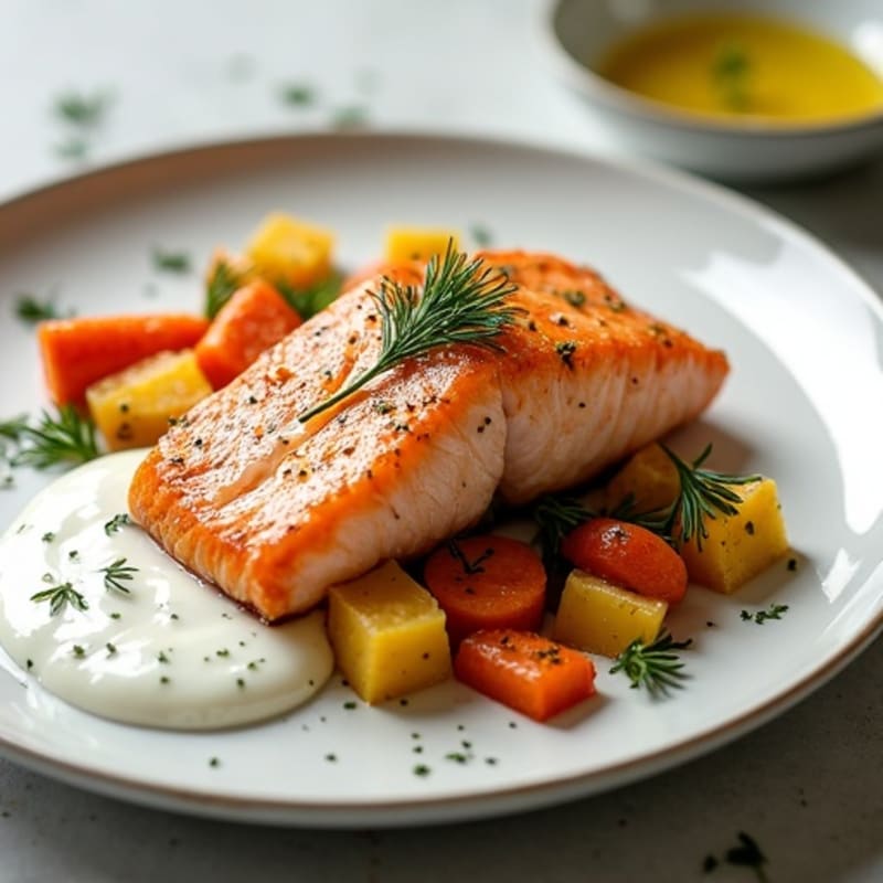 Pan-Seared Salmon with Creamy Dill Sauce and Roasted Root Vegetables