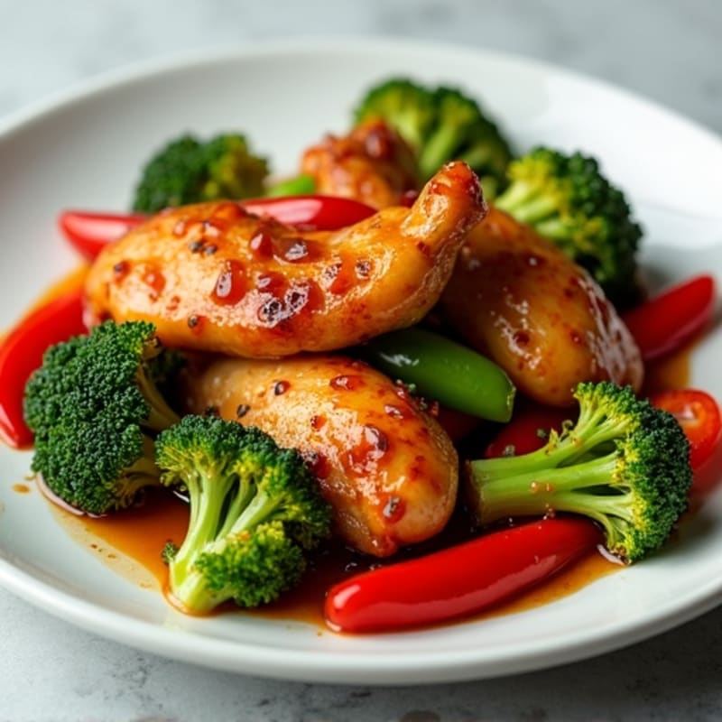 Sticky Sweet and Spicy Chicken with Stir-fried Broccoli and Bell Peppers