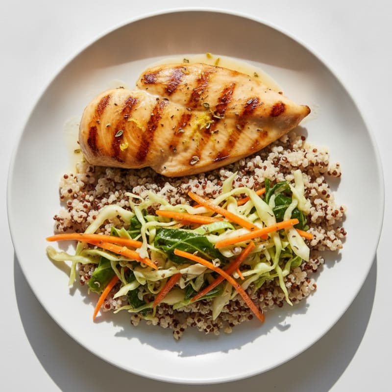 Grilled Chicken Breast with Crunchy Cabbage Slaw and Quinoa