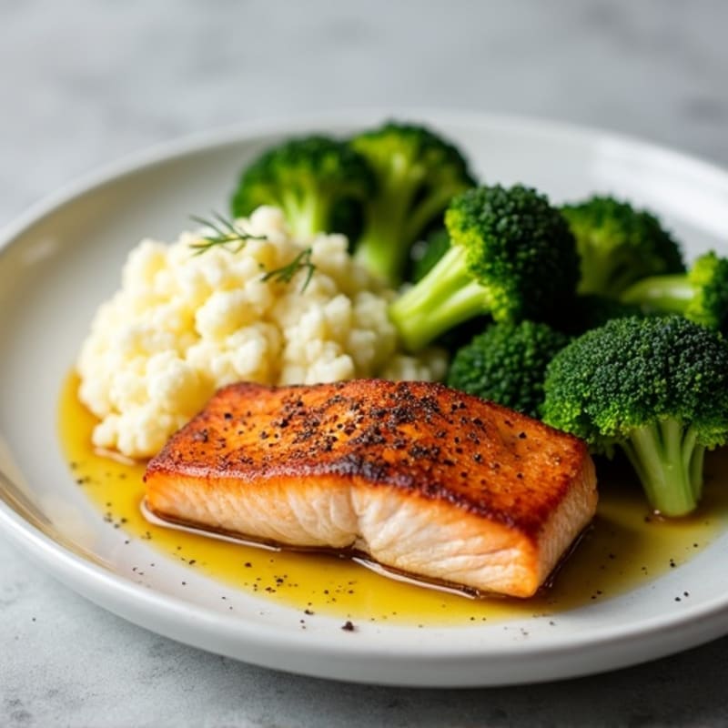 Seared Salmon with Roasted Broccoli and Garlic Mashed Cauliflower