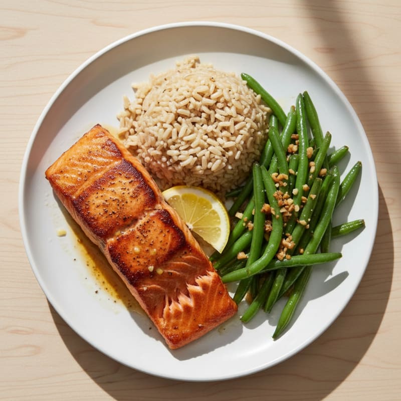 Seared Salmon Fillet with Garlic Green Beans and Brown Rice