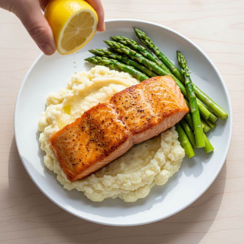 Seared Salmon with Steamed Asparagus and Cauliflower Mash