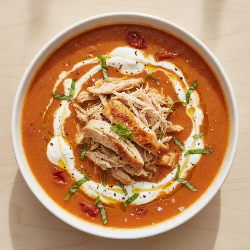 Roasted Tomato Basil Soup with Shredded Chicken