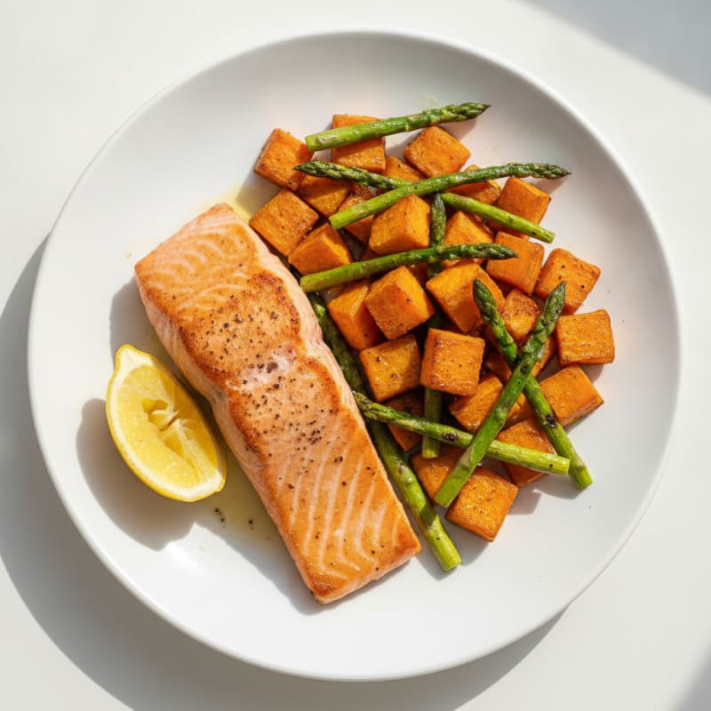 Seared Salmon with Roasted Sweet Potatoes and Asparagus