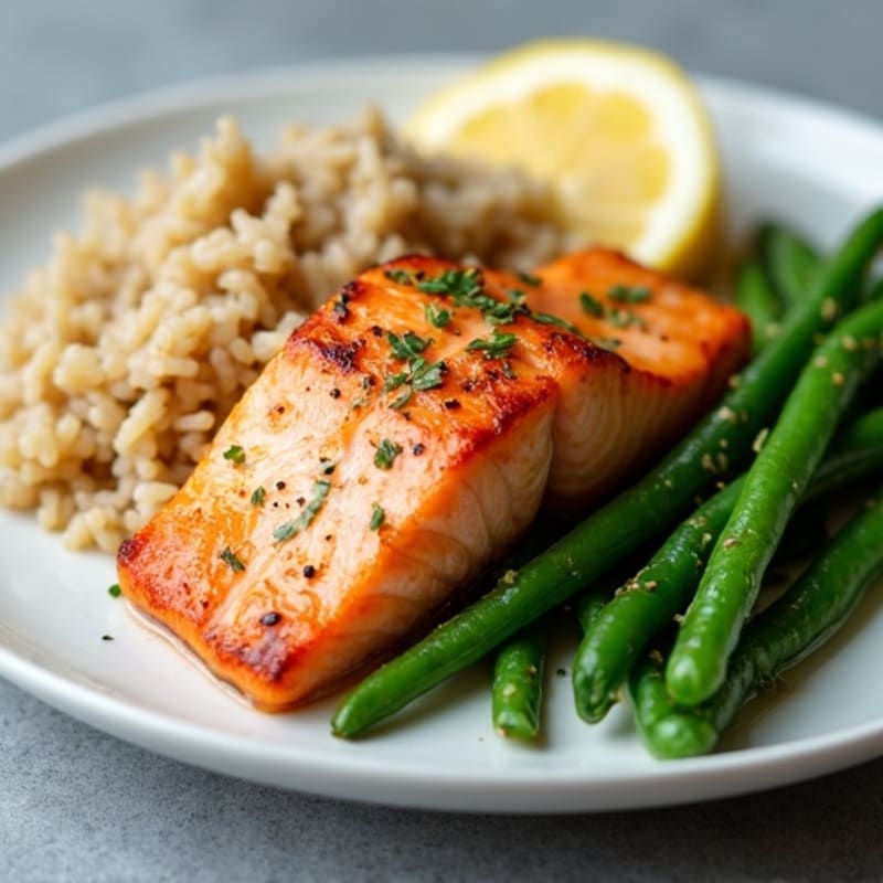 Seared Salmon with Garlic Green Beans and Brown Rice