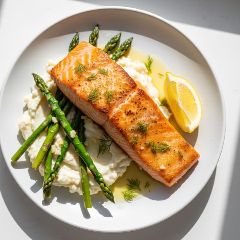 Seared Salmon Fillet with Roasted Asparagus and Cauliflower Mash