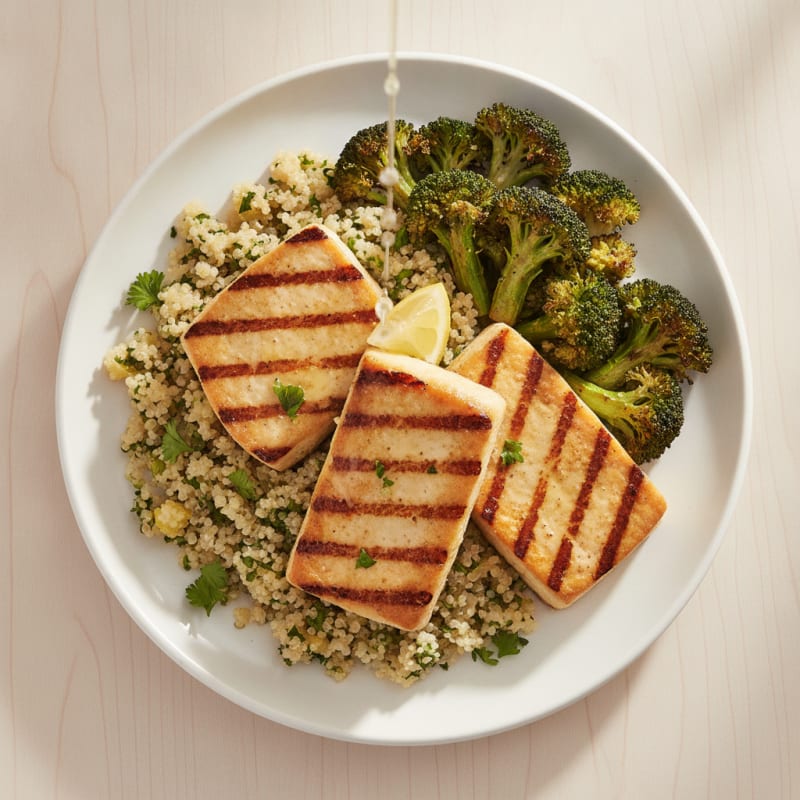 Grilled Tofu Steaks with Herb-Quinoa and Roasted Broccoli