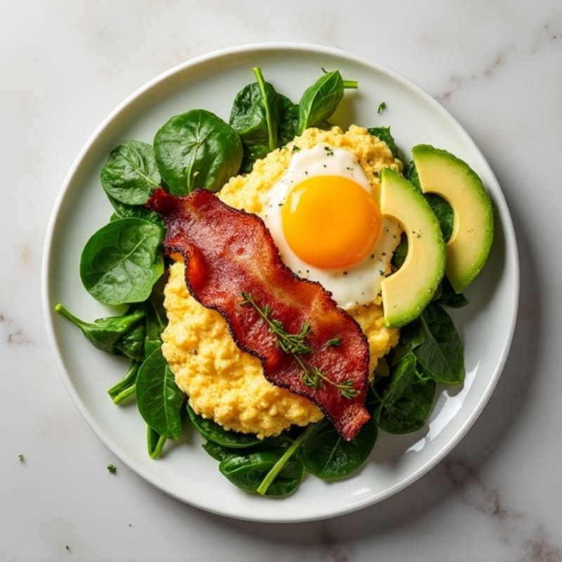 Crispy Turkey Bacon and Egg White Scramble with Sautéed Spinach
