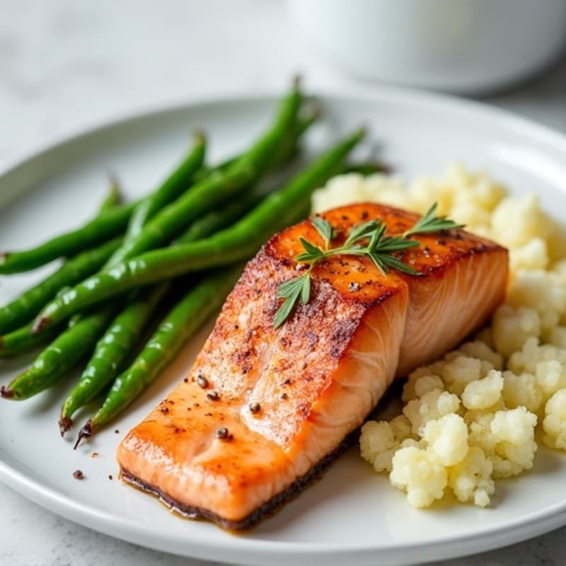 Seared Salmon with Steamed Green Beans and Cauliflower Mash