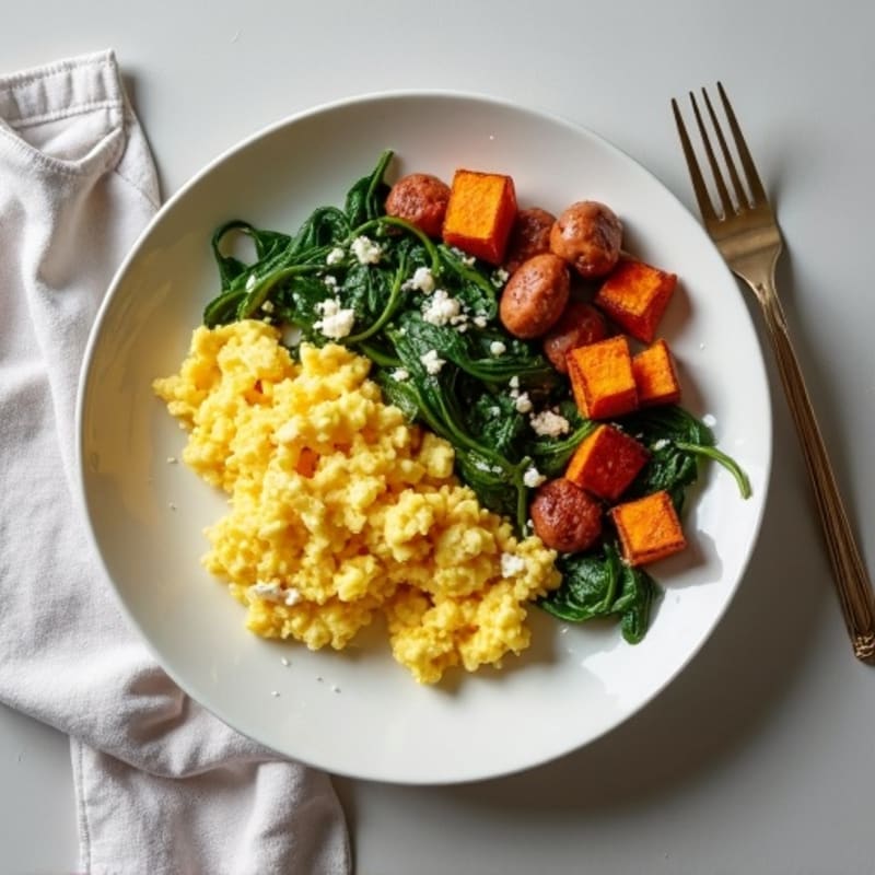 Fluffy Scrambled Eggs with Sautéed Greens and Sweet Potato