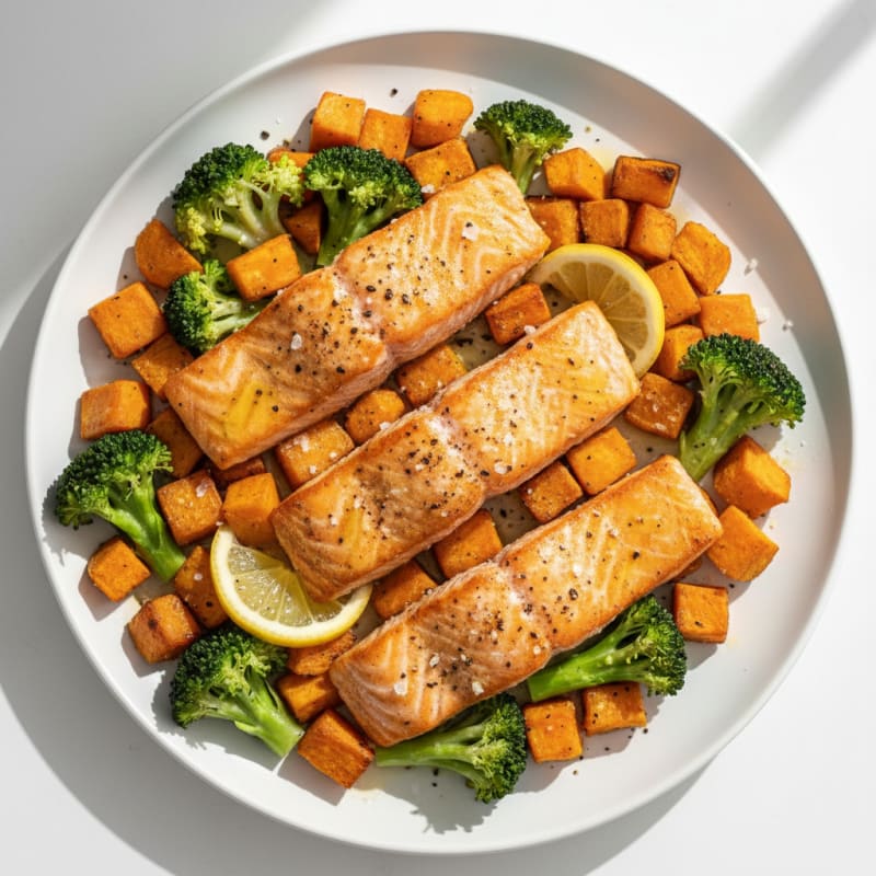Golden Pan-Seared Salmon with Roasted Sweet Potatoes