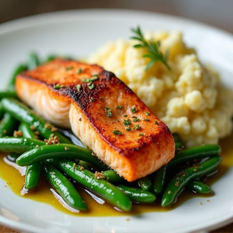 Seared Salmon with Garlic Green Beans and Cauliflower Mash