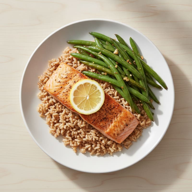 Seared Salmon with Garlic Green Beans and Brown Rice