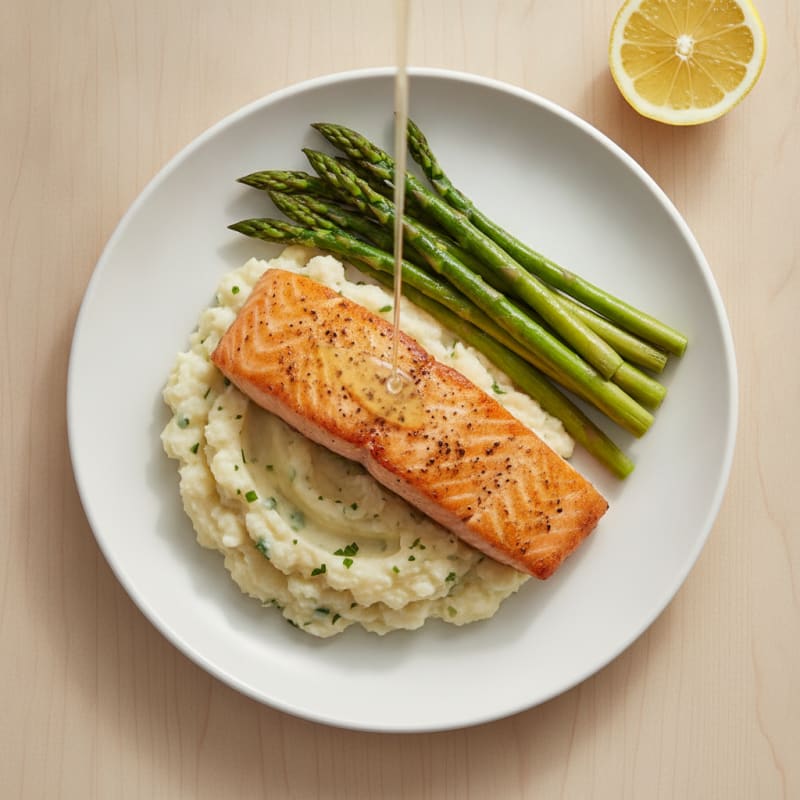 Seared Salmon with Steamed Asparagus and Garlic Mashed Cauliflower