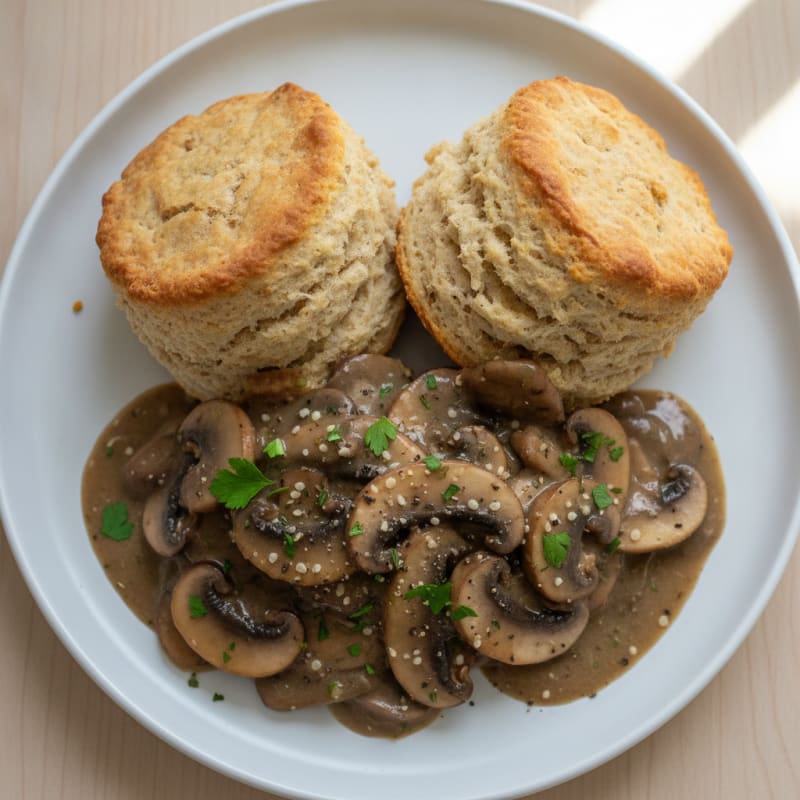 Mushroom and Herb Biscuits with Gravy