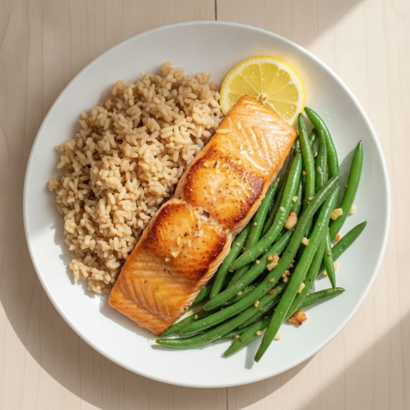 Seared Salmon with Garlic Green Beans and Brown Rice