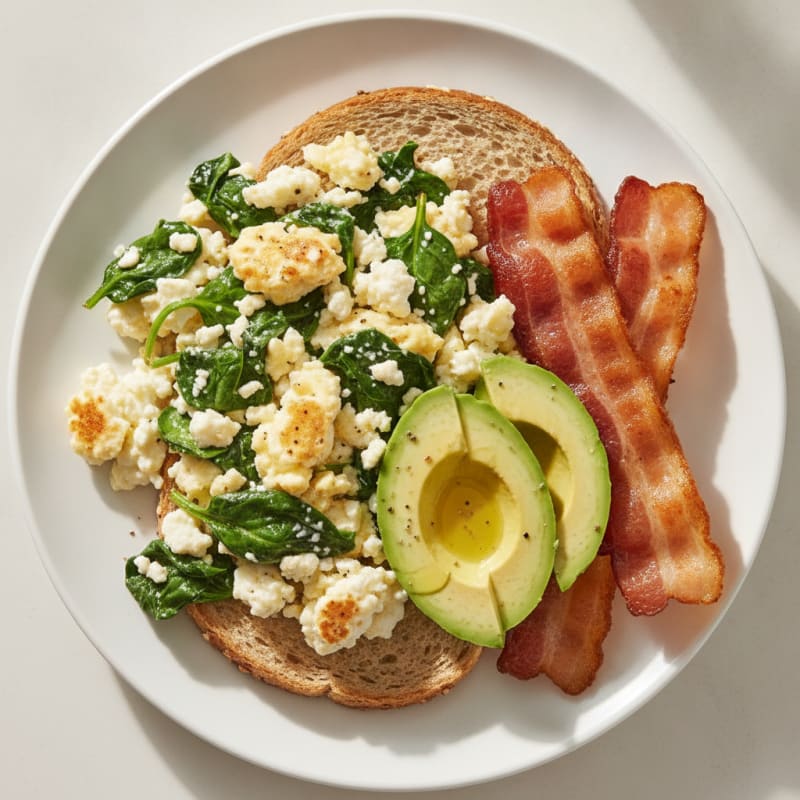 Cottage Cheese Egg Scramble with Spinach and Turkey Bacon