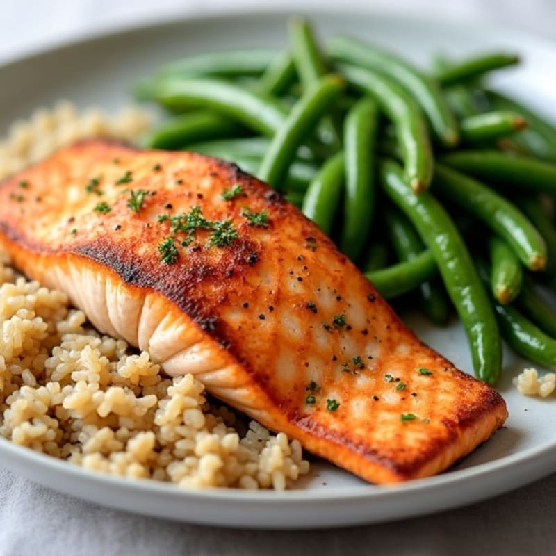 Seared Salmon with Garlic Green Beans and Brown Rice