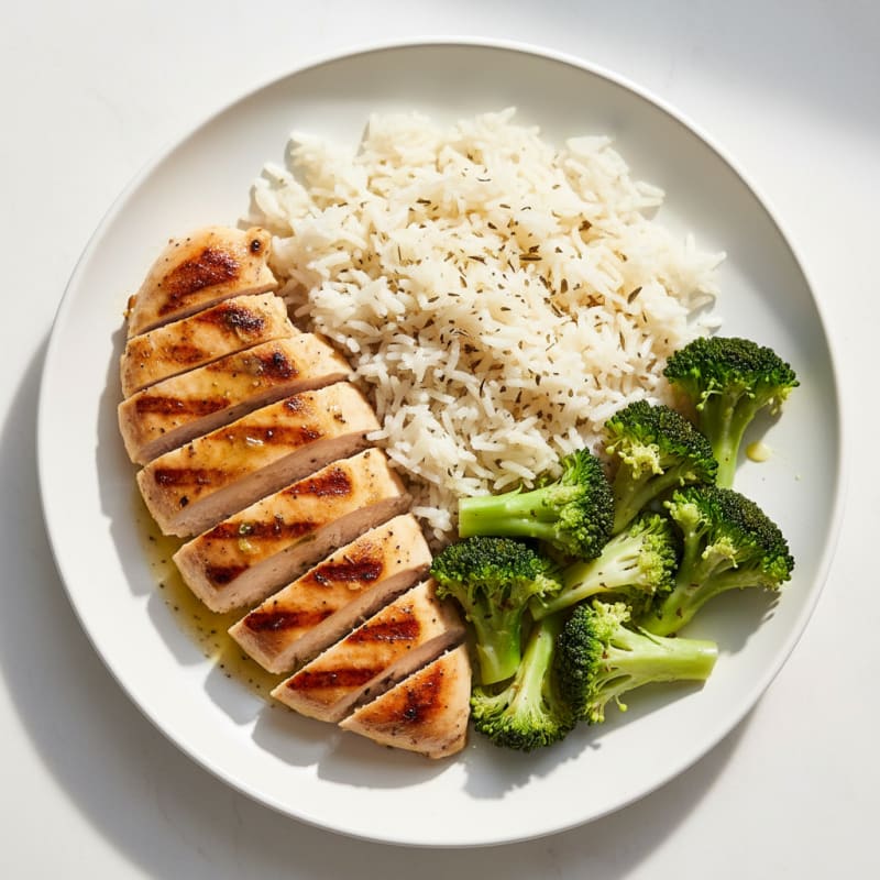 Grilled Chicken Breast with Steamed Broccoli and Basmati Rice