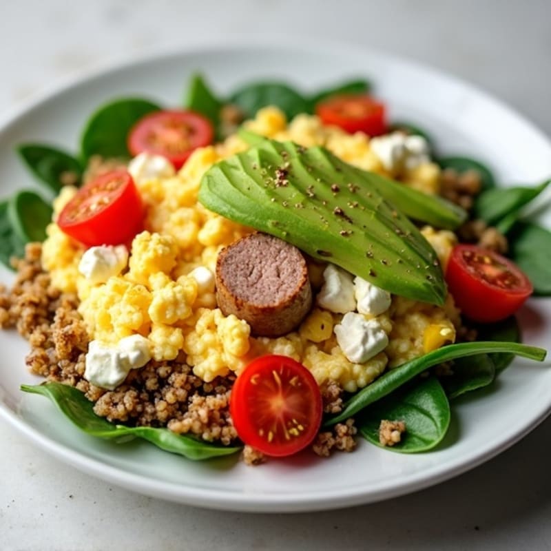 Egg White and Turkey Sausage Scramble with Cottage Cheese and Spinach