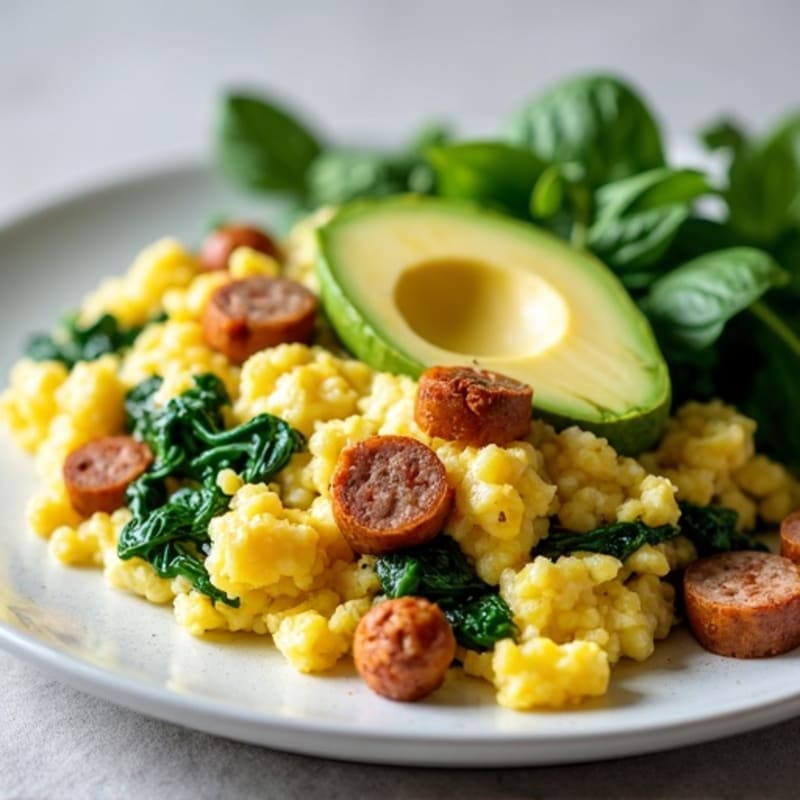 Egg White Scramble with Turkey Sausage and Sautéed Spinach