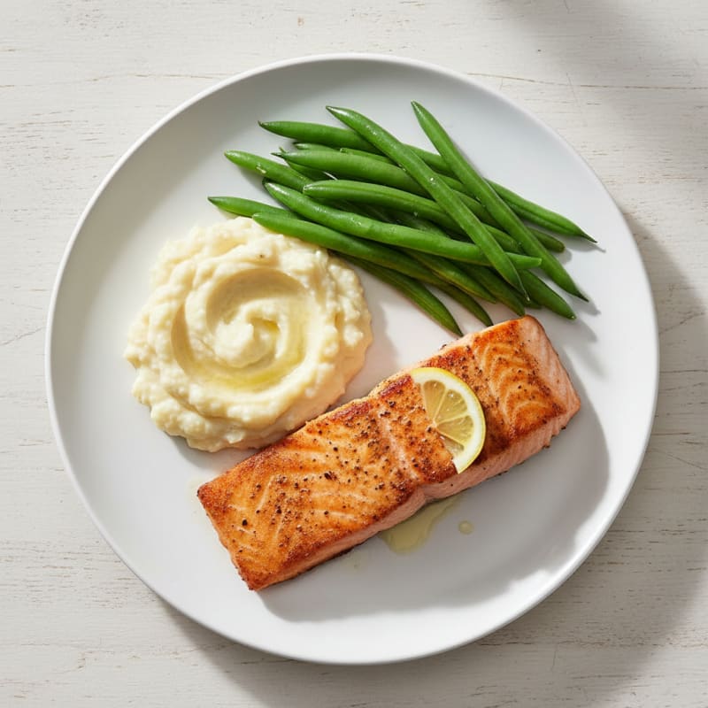 Seared Salmon with Steamed Green Beans and Mashed Cauliflower