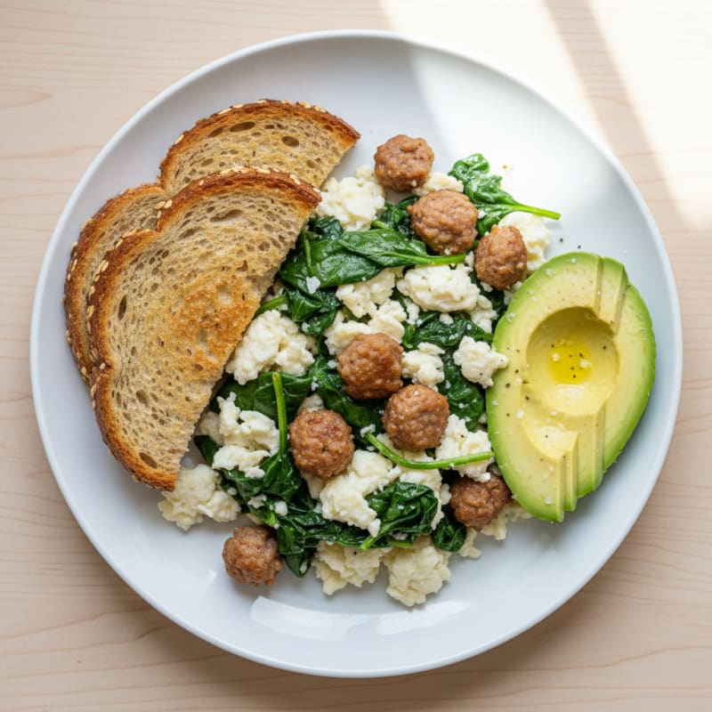 Egg White and Spinach Scramble with Turkey Sausage
