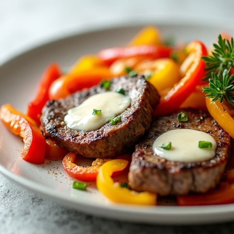 Lean Steak Skillet with Sautéed Bell Peppers, Onions, and Creamy Provolone Sauce
