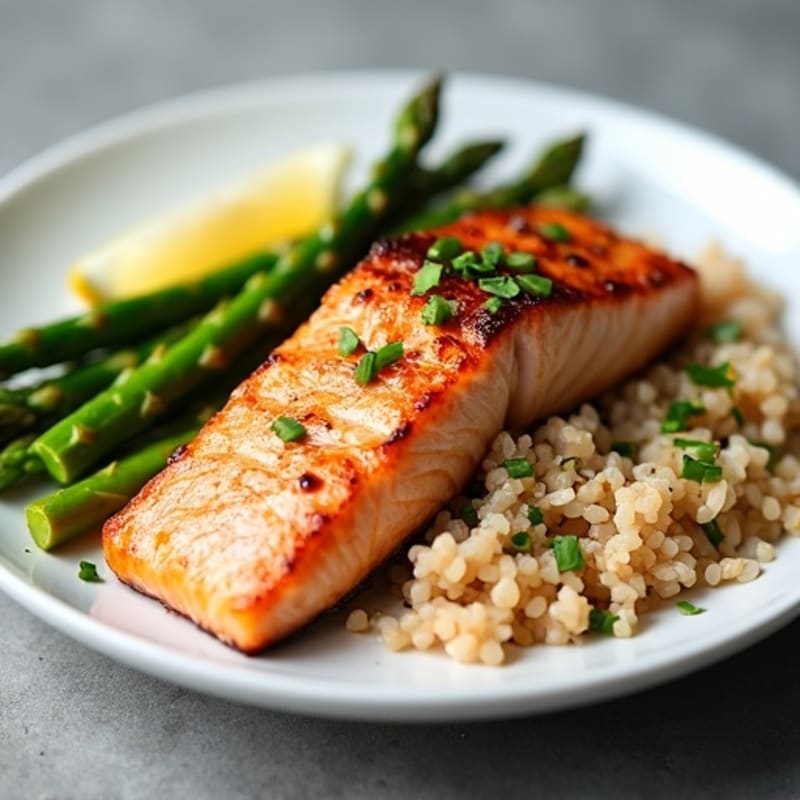 Seared Salmon Fillet with Steamed Asparagus and Brown Rice