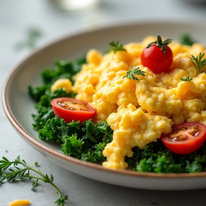 Fluffy Scrambled Eggs with Sautéed Greens and Cherry Tomatoes