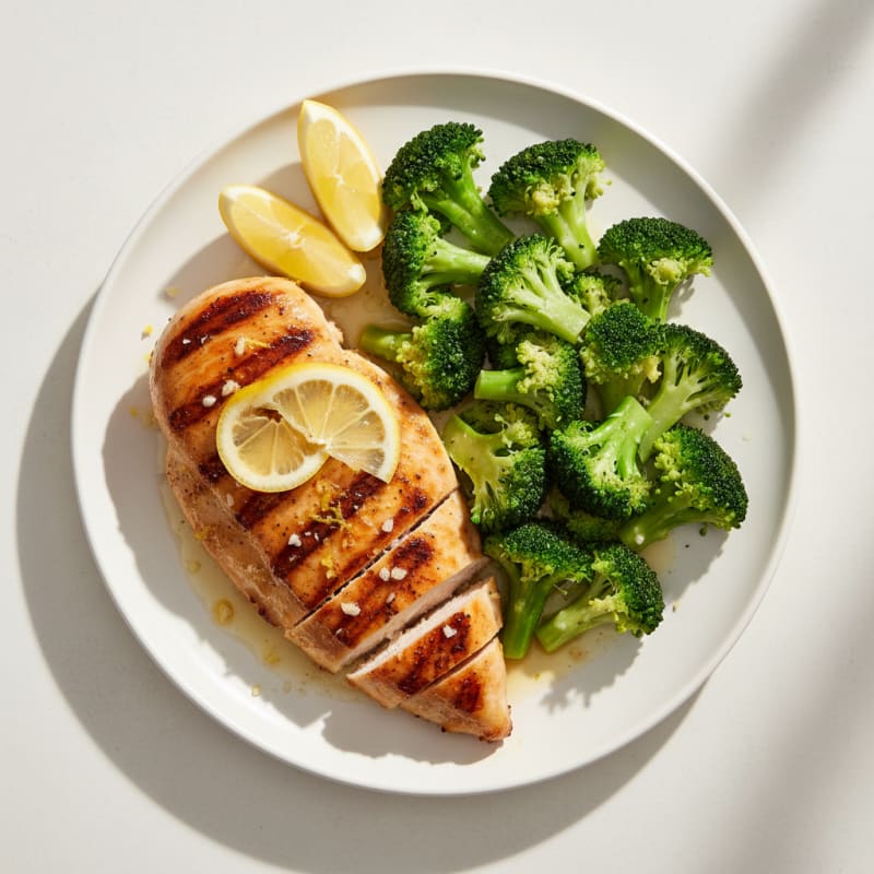 Grilled Chicken Breast with Steamed Broccoli and Lemon