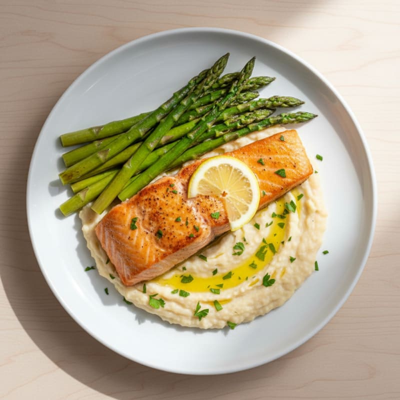 Seared Salmon Fillet with Creamy White Bean Mash and Roasted Asparagus