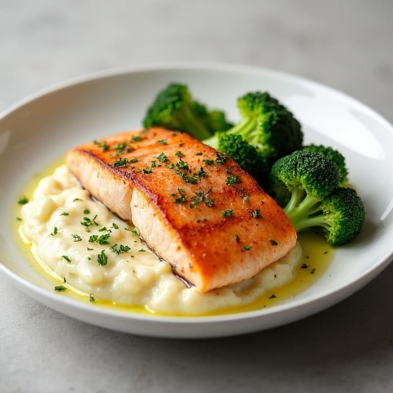 Seared Salmon with Roasted Broccoli and Garlic Cauliflower Mash