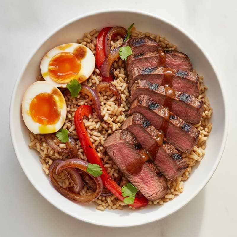 Grilled Steak Rice Bowl with Roasted Onions