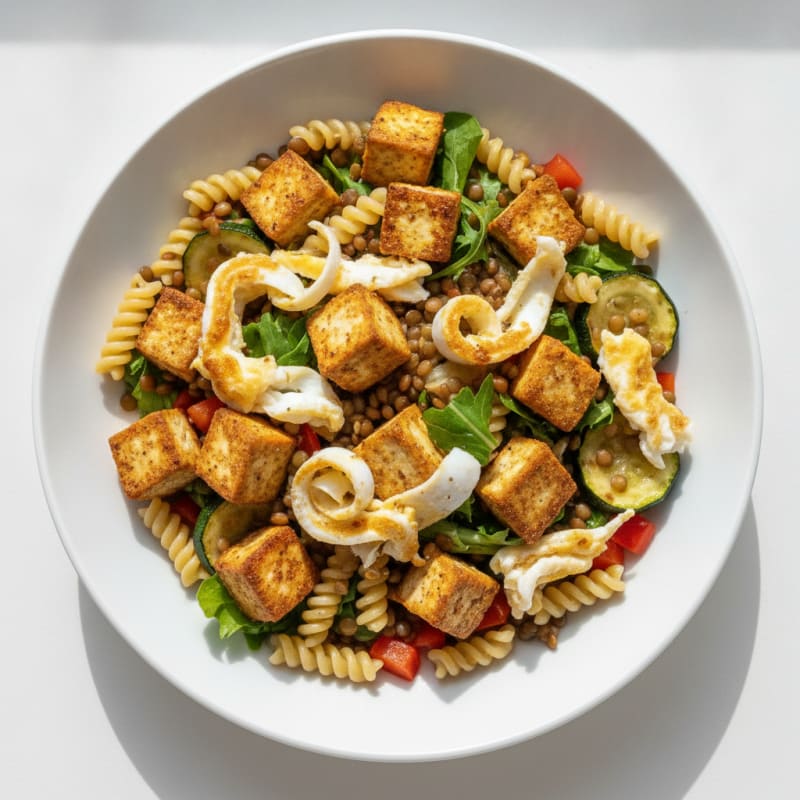 Crispy Tofu and Lentil Salad with Roasted Vegetables