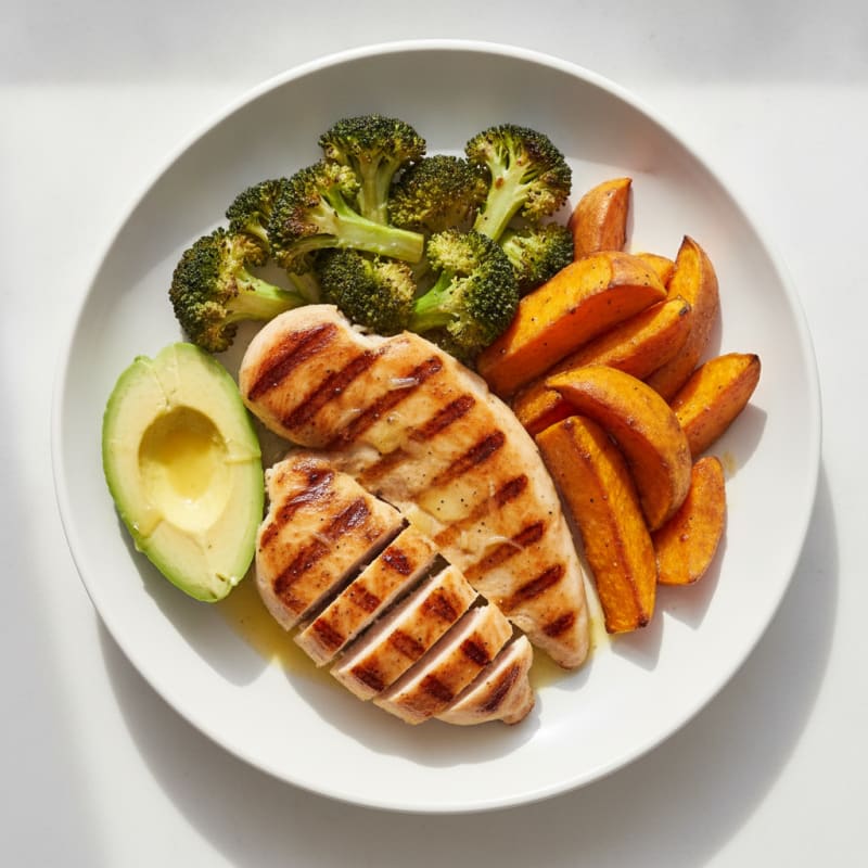 Grilled Chicken Fillet with Roasted Broccoli and Sweet Potato