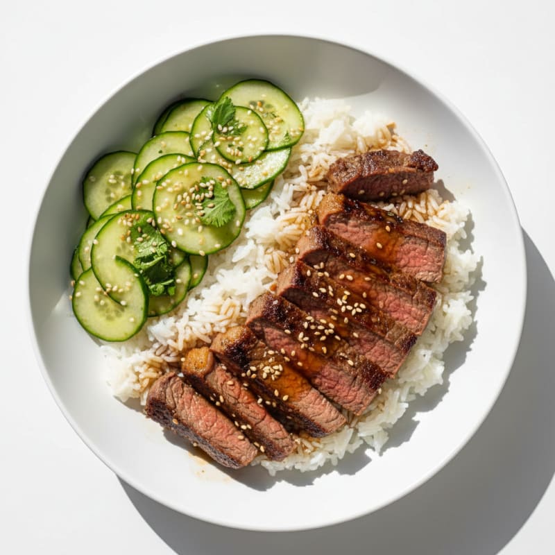 Pan-Seared Steak with Sticky Rice and Cucumber Salad